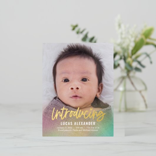 レインボーベビーホイル誕生発表葉書 箔シーズンポストカード (立ち正面)