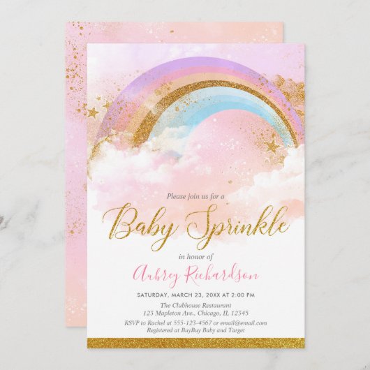 レインボーベビー散水女パステルピンク金ゴールド 招待状 (正面/裏面)