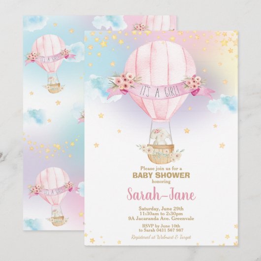 レインボーホットエアバルーンベビーガールシャワーエレファント 招待状 (正面/裏面)