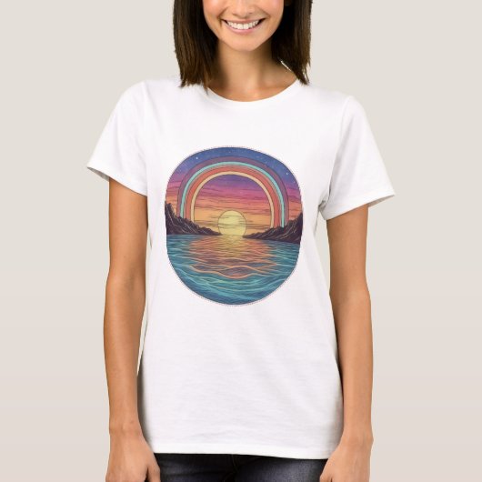 レインボーホライゾン:穏やかなサンセットアート Tシャツ (正面)