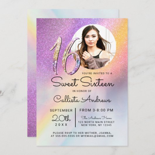 レインボーホログラフィグラデーションックグリッターフォトスイート16 招待状 (正面/裏面)