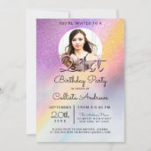 レインボーホログラフィックグリッターグラデーションフォト誕生日 招待状 (正面)
