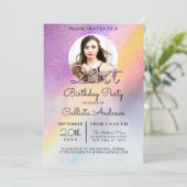 レインボーホログラフィックグリッターグラデーションフォト誕生日 招待状 (スタンド正面)