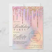 レインボーホログラフィックグリッタードリップ誕生日 招待状 (正面)