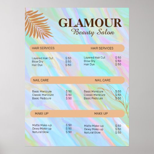 レインボーホログラフィック爪、 ネイル技術価格表 ポスター (正面)