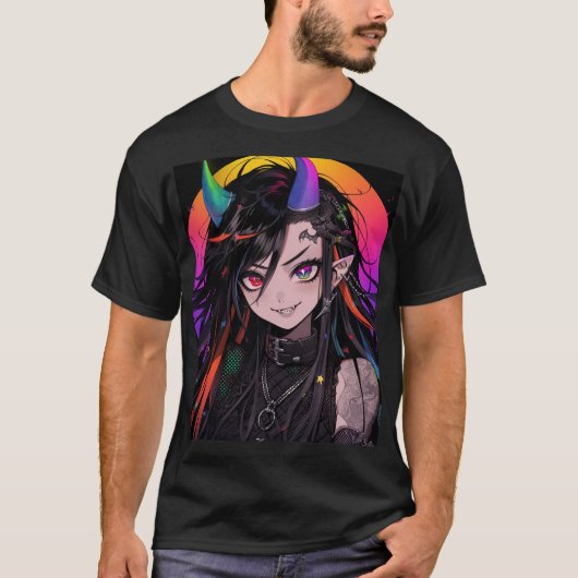 レインボーホーンゴシックパンクアニメガール Tシャツ (正面)