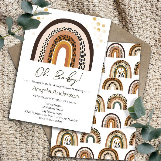レインボーボーアニマルプリントベビーシャワー 招待状