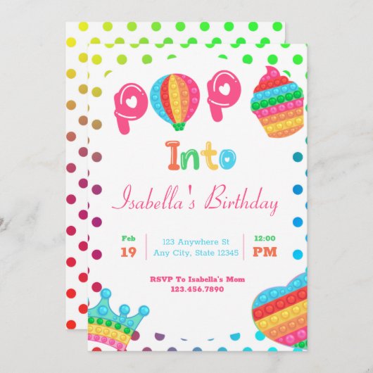 レインボーポップ・アートのイットファイドゲットバブルバースデーパーティー 招待状 (正面/裏面)