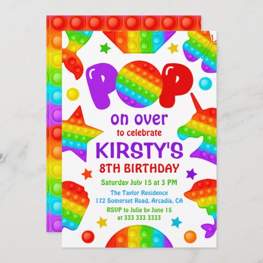 レインボーポップ・アートのイットファイドットトイ誕生日パーティーガールズ 招待状 (正面/裏面)