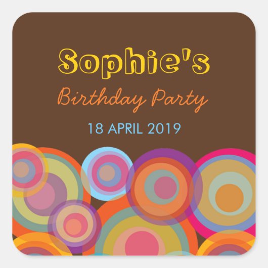 レインボーポップ・アートのサークルカラフルおもしろいパーティーステッカー スクエアシール (正面)