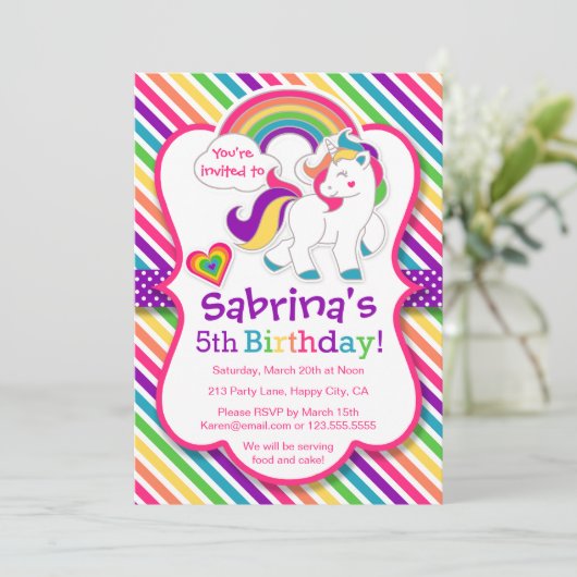 レインボーポニーユニコーンバースデーパーティーの招待 招待状 (スタンド正面)