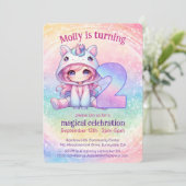 レインボーマジカルチビ（小さくかわいく書いた感じ）ユニコーン誕生日 招待状 (スタンド正面)