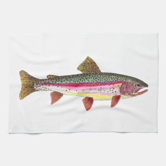 レインボーマス魚魚釣りフライフィッシャーマンアングラー キッチンタオル (横)