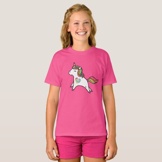 レインボーマンと絞り染めハートの白ユニコーン Tシャツ (正面フル)