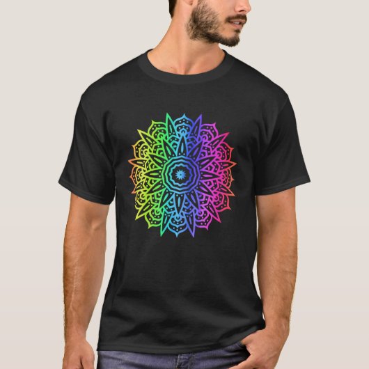 レインボーマンダラスンバースト幾何学ヨガバイブ禅W Tシャツ (正面)