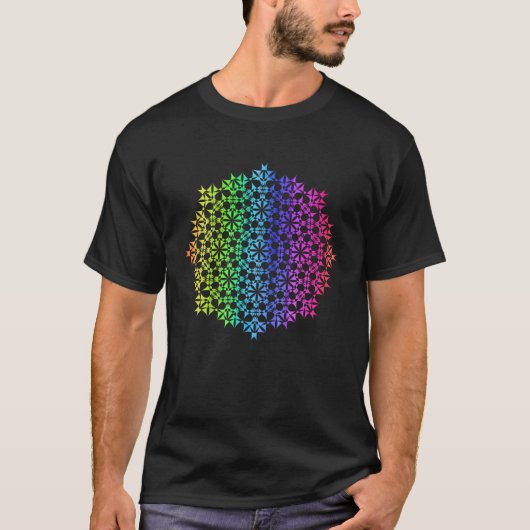 レインボーマンダラロゼット花形幾何学ヨガヴィベ Tシャツ (正面)