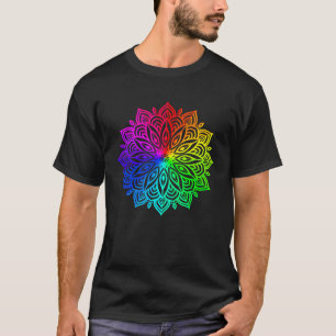 レインボーマンダラ蓮の花神聖幾何学ヨガ Tシャツ