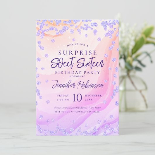 レインボーマーブルグリッターフォトサプライズスウィート16 招待状 (スタンド正面)