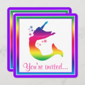 レインボーマーメイドインシルエットハッピーバースデー 招待状 (正面/裏面)