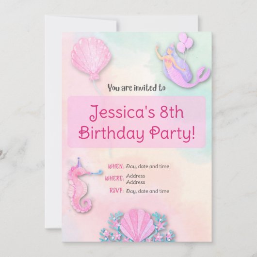 レインボーマーメイドガールの誕生日の招待状 招待状 (正面)