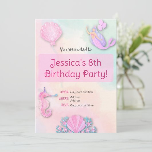 レインボーマーメイドガールの誕生日の招待状 招待状 (スタンド正面)