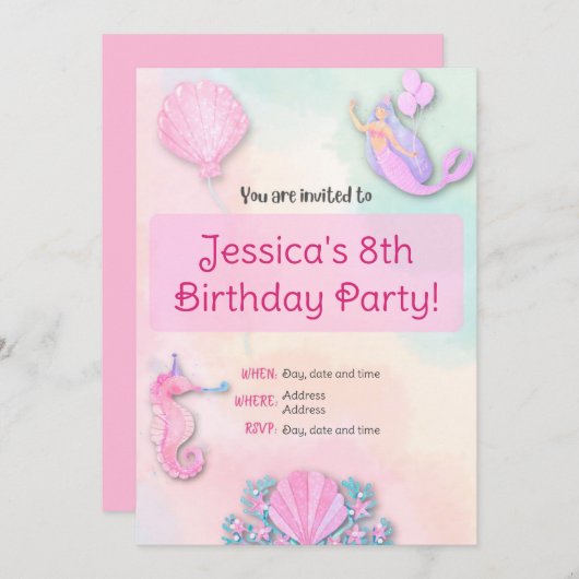 レインボーマーメイドガールの誕生日の招待状 招待状 (正面/裏面)