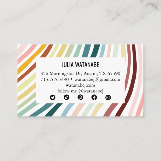 レインボーミニマルストライプリスト手作りソーシャルメディア 名刺 (裏面)