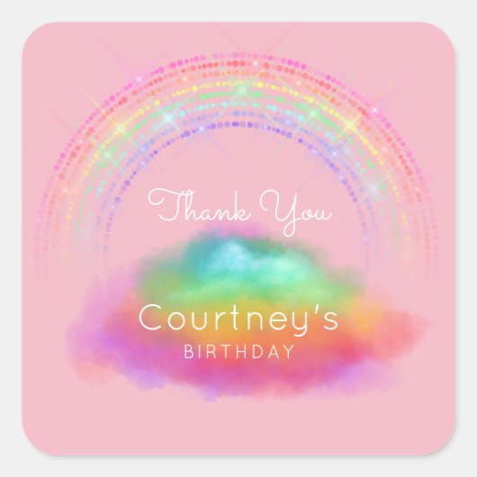 レインボーメッセージカードサンキュー誕生日ピンク スクエアシール (正面)
