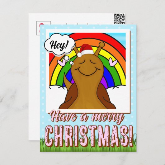 レインボーメリークリスマスを迎えるかわいいカタツムリ | シーズンポストカード (正面/裏面)