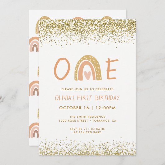 レインボーモダンガールファースト誕生日招待状 招待状 (正面/裏面)