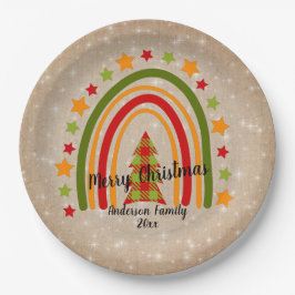 レインボーモダンクリスマスタータンチェックツリー20xx文字9" ペーパープレート
