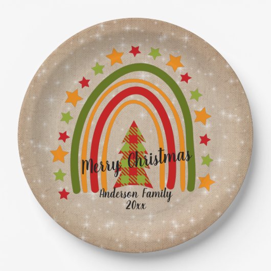 レインボーモダンクリスマスタータンチェックツリー20xx文字9" ペーパープレート (正面)