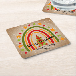 レインボーモダンクリスマスタータンチェックツリー20xx文字 スクエアペーパーコースター