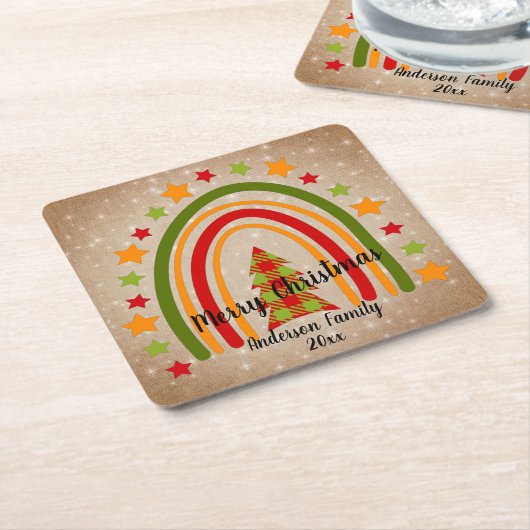 レインボーモダンクリスマスタータンチェックツリー20xx文字 スクエアペーパーコースター (アングル)