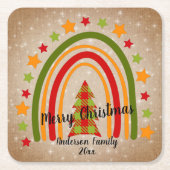 レインボーモダンクリスマスタータンチェックツリー20xx文字 スクエアペーパーコースター (正面)