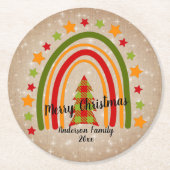 レインボーモダンクリスマスタータンチェックツリー20xx文字 ラウンドペーパーコースター (正面)
