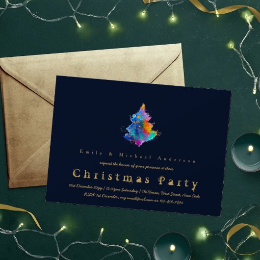 レインボーモダンクリスマスツリートレンディーネイビーブルー 招待状