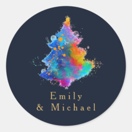 レインボーモダンクリスマスツリーネイビーブルーカスタム ラウンドシール