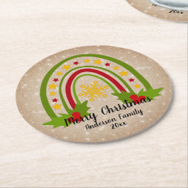 レインボーモダンクリスマスホリー20xx年文字 ラウンドペーパーコースター
