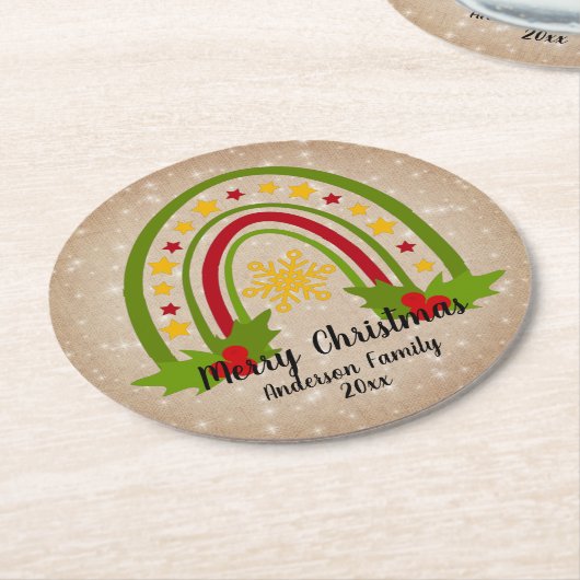 レインボーモダンクリスマスホリー20xx年文字 ラウンドペーパーコースター (アングル)