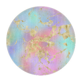 レインボーモダングラディエントと金ゴールド大理石パターン カッティングボード