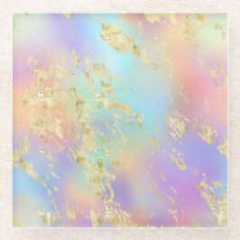 レインボーモダングラディエントと金ゴールド大理石パターン ガラスコースター