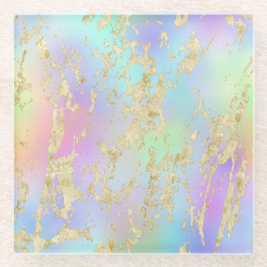 レインボーモダングラディエントと金ゴールド大理石パターン ガラスコースター (正面)