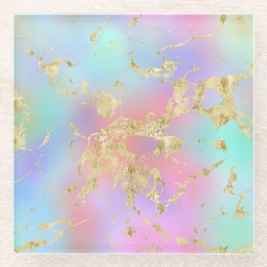 レインボーモダングラディエントと金ゴールド大理石パターン ガラスコースター (正面)