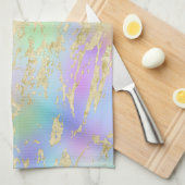 レインボーモダングラディエントと金ゴールド大理石パターン キッチンタオル (四つ折り)