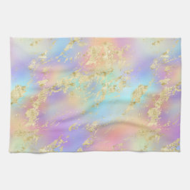 レインボーモダングラディエントと金ゴールド大理石パターン キッチンタオル