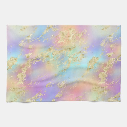 レインボーモダングラディエントと金ゴールド大理石パターン キッチンタオル (横)