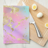 レインボーモダングラディエントと金ゴールド大理石パターン キッチンタオル (四つ折り)