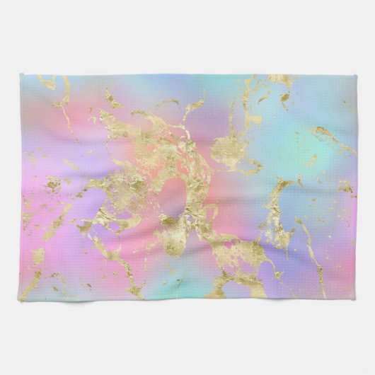 レインボーモダングラディエントと金ゴールド大理石パターン キッチンタオル (横)