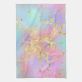 レインボーモダングラディエントと金ゴールド大理石パターン キッチンタオル (縦)
